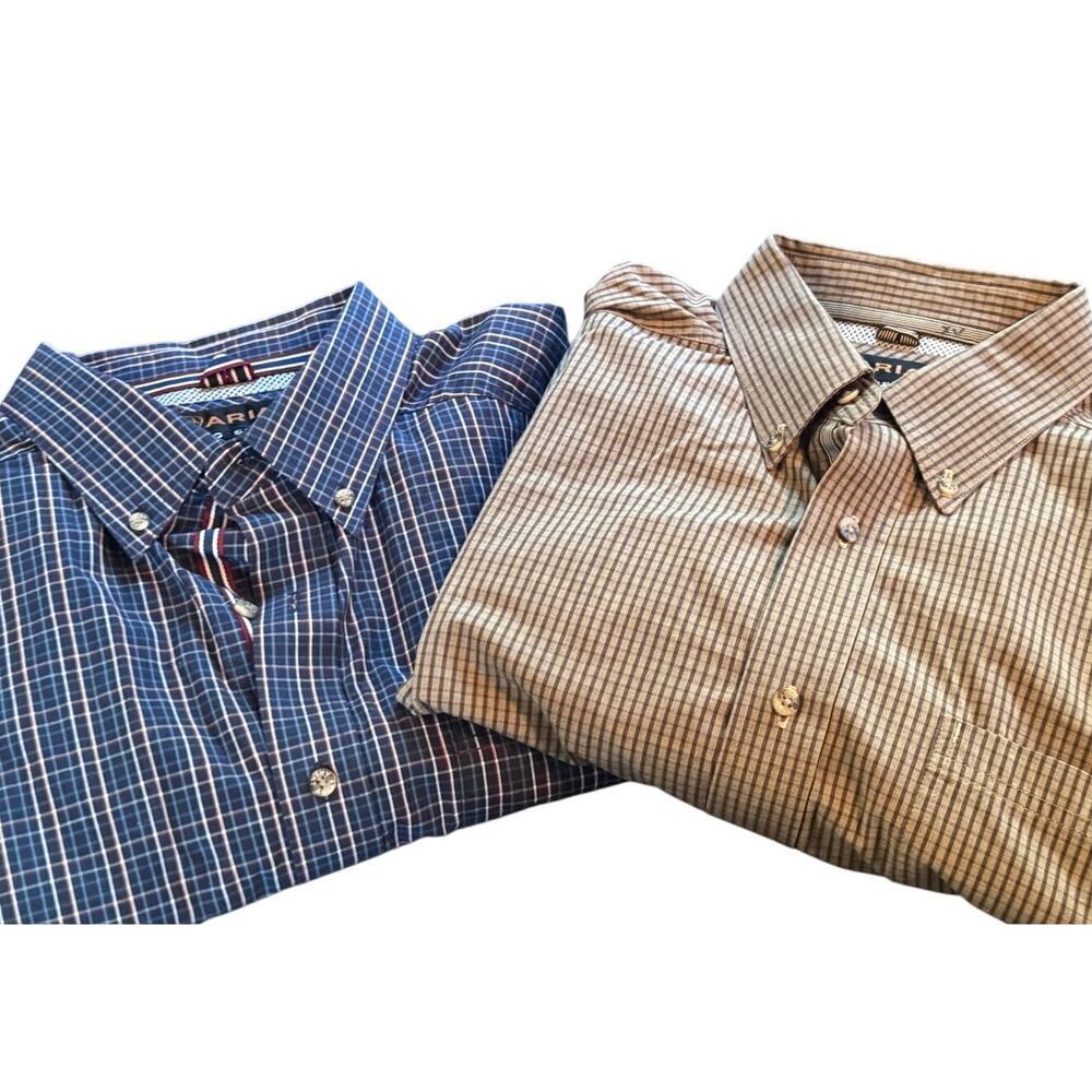 Ariat Pro Series Mens XL Button Down Shirt Lot 2 Blue Plaid Tan Check Western